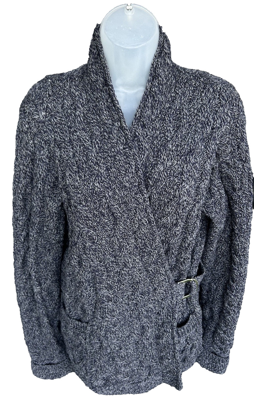 Aran Crafts Irish Wool Wrap Cardigan Sweater Size Medium Marled Cable Knit Blue